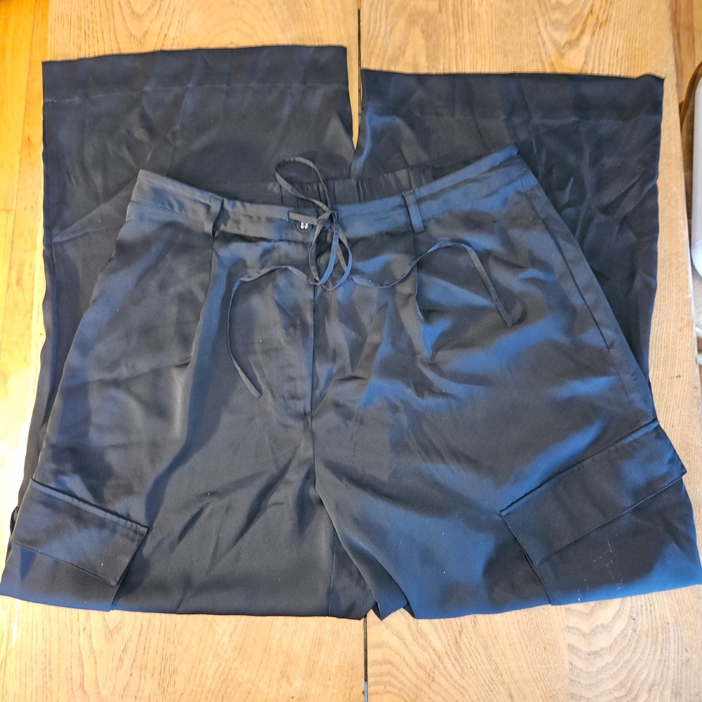 The Drop x @kelclight Black Satin Wide Leg Cargo Pants XL Drawstring Waist - Picture 4 of 9